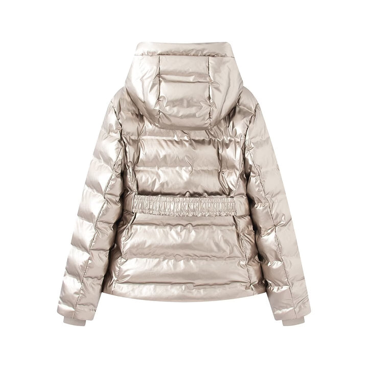 Women short cut quilted jacket with hood, fitted elastic waistband and decorative belt