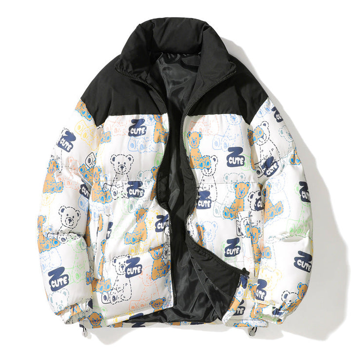 Unisex Quilted Teddy-Print Puffer Jacket with High Collar