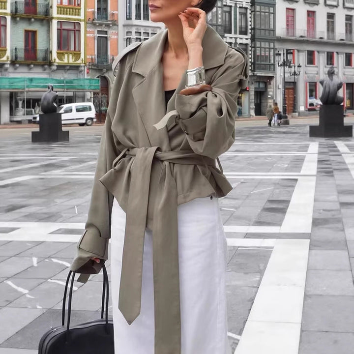 Women Lightweight Short Trench Coat with Wide Lapels, Long Ties and Adjustable Cuffs