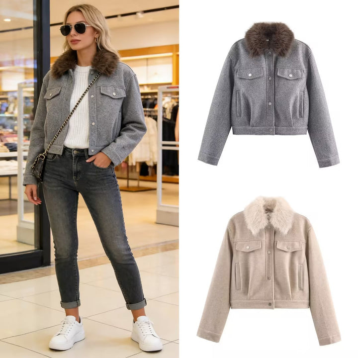 Ladies short wool jacket with voluminous fur collar, snap-button front and patch chest pockets