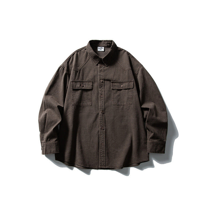 Unisex Oversize Cotton Denim Shirt Jacket with Patch Chest Pockets and Curved Hem