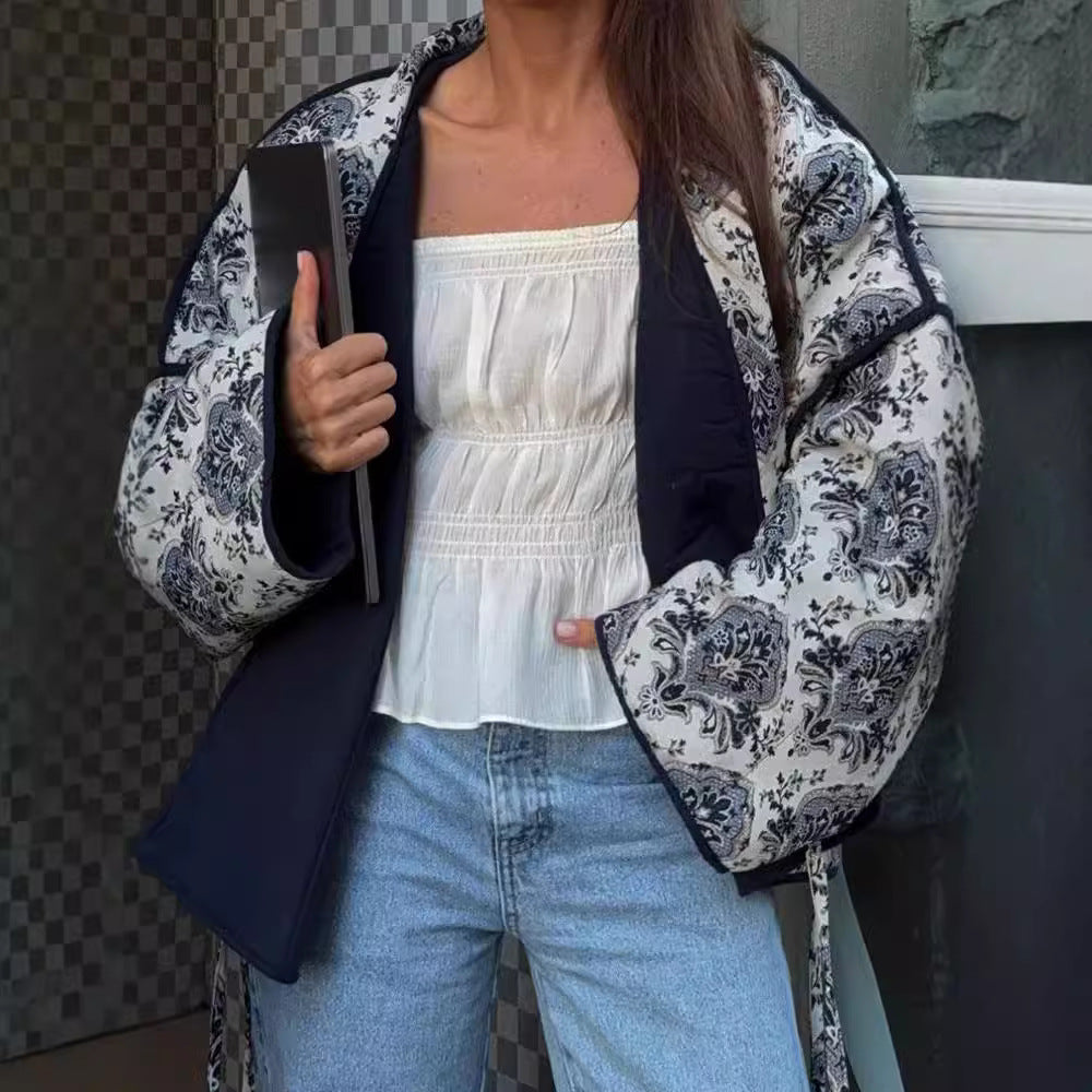 Women Quilted Kimono Jacket with Ornamental Jacquard Look and Contrasting Piping