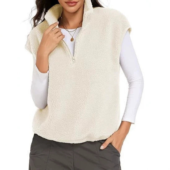 Women Sleeveless Teddy Fleece Vest with Half Zip and Stand Collar