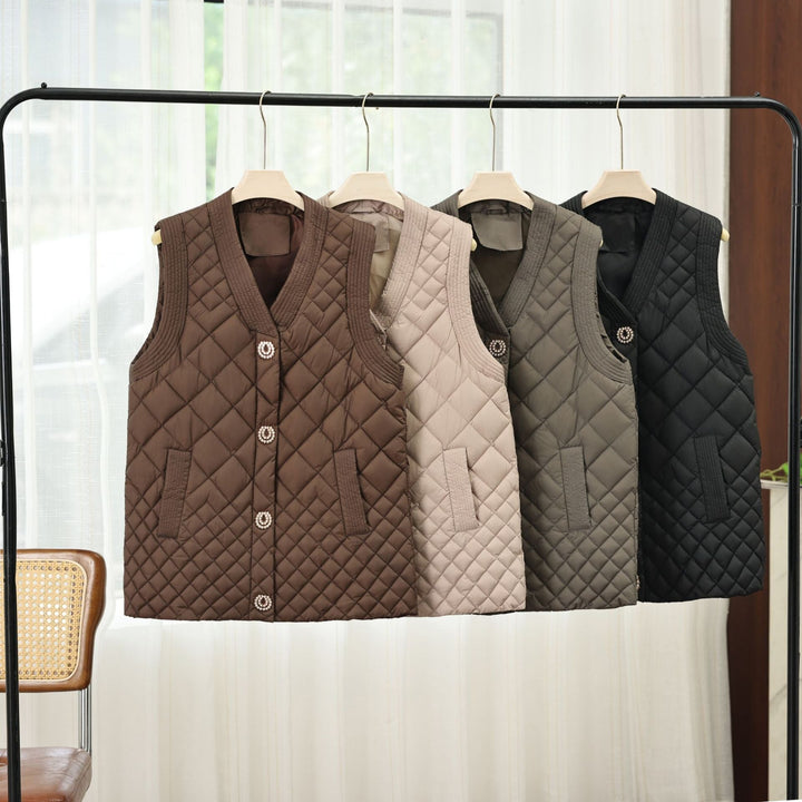 Ladies nano quilted vest with decorative buttons and V-neck