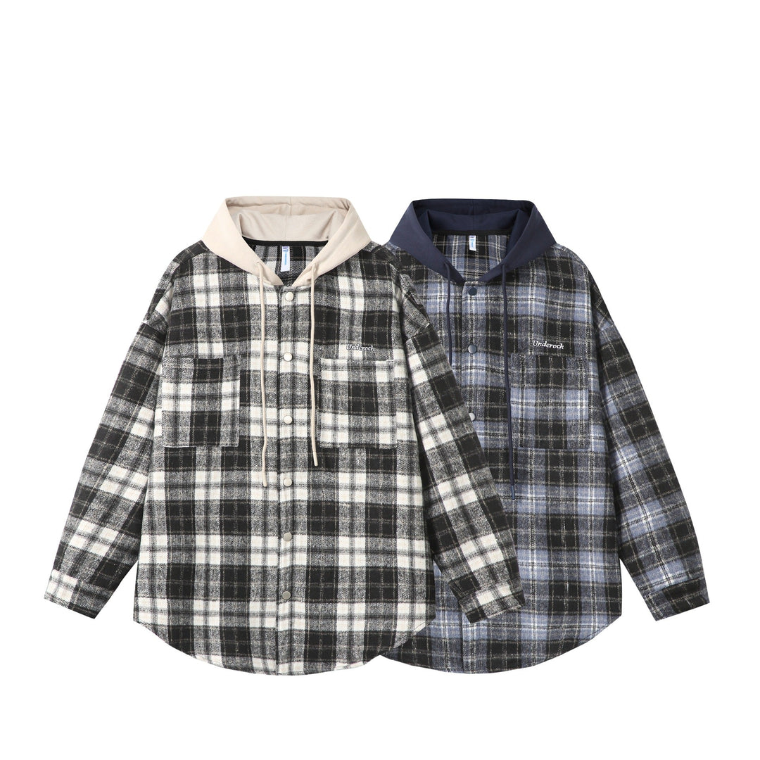 Unisex Oversized Check Shirt Jacket with Hood, Snap Buttons and Chest Pocket