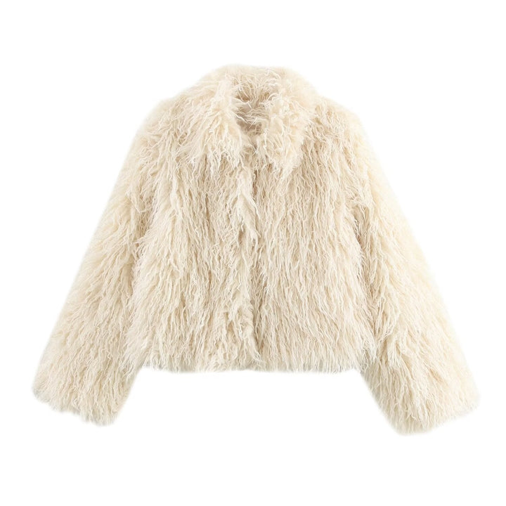 Women short cut shaggy faux fur jacket with voluminous shawl collar