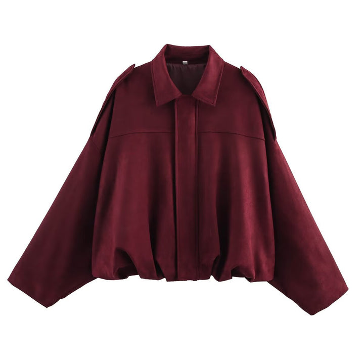 Women short cut oversized suede jacket with shoulder flaps and elastic hem