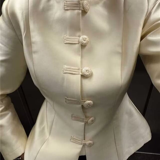 Women Tailored Short Jacket with Stand-up Collar and Decorative Toggle Closures