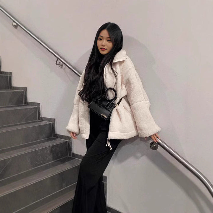 Women Wide Cut Teddy Fleece Jacket with High Standing Collar