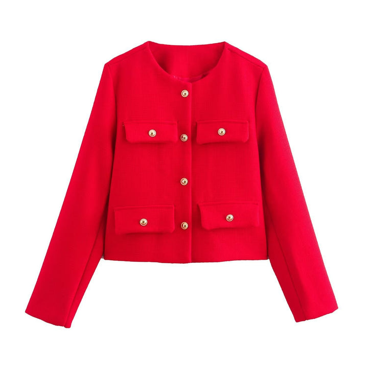 Women Short Boucle Blazer Jacket with Round Neck, Decorative Pocket Flaps, and Gold-colored Buttons