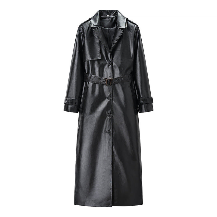 Women Longer Trench Coat in Leather Look with Tie Belt and Epaulettes