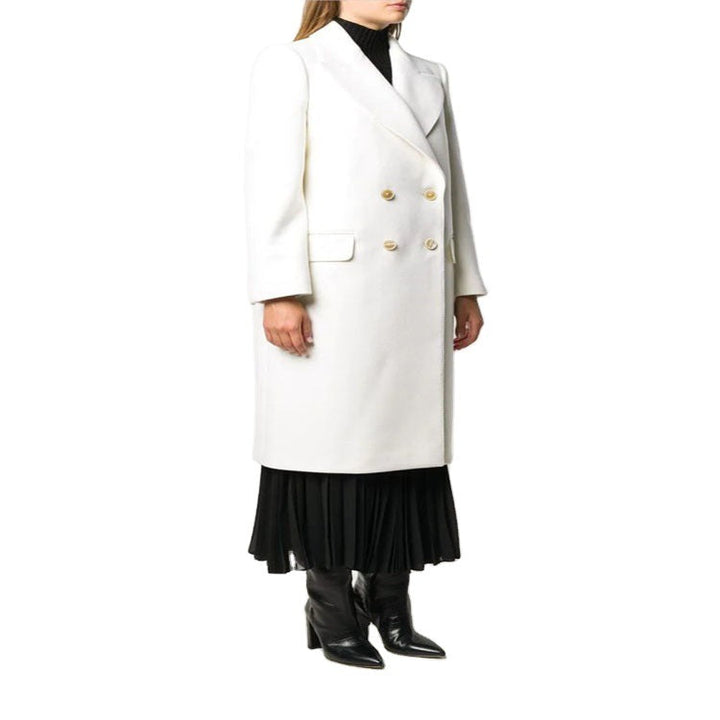 Women Slim Double-Breasted Wool Blend Long Coat with Shawl Collar, Gold Button Detail and Flap Pockets