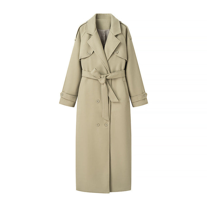Women Long Trench Coat with Belt, Double-Breasted Button Placket and Epaulets