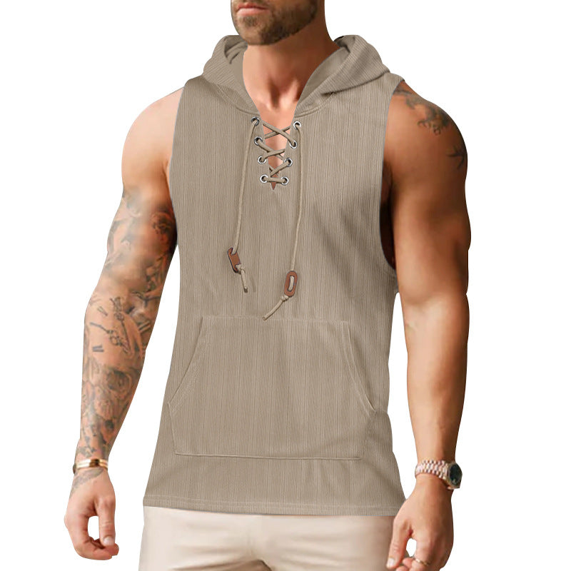 Men sleeveless hoodie sweatshirt with laced collar and kangaroo pocket
