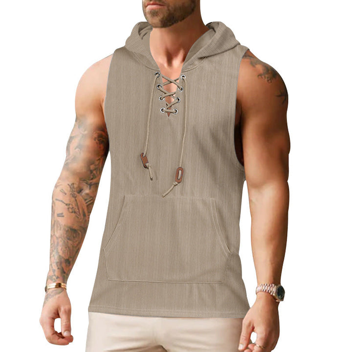 Men sleeveless hoodie sweatshirt with laced collar and kangaroo pocket
