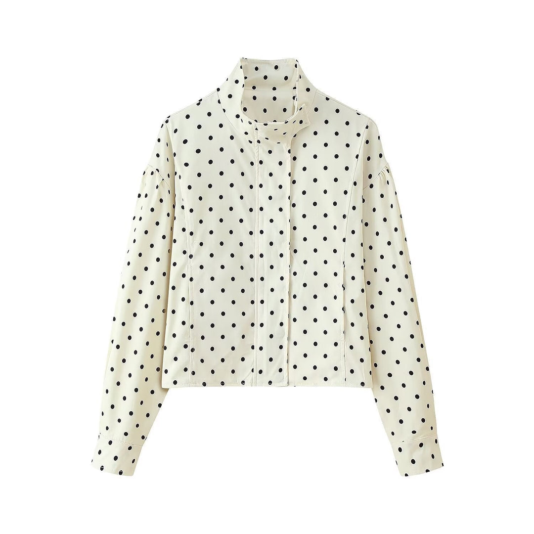 Women Polka Dot Short Jacket with Stand Collar and Concealed Snap Button Placket