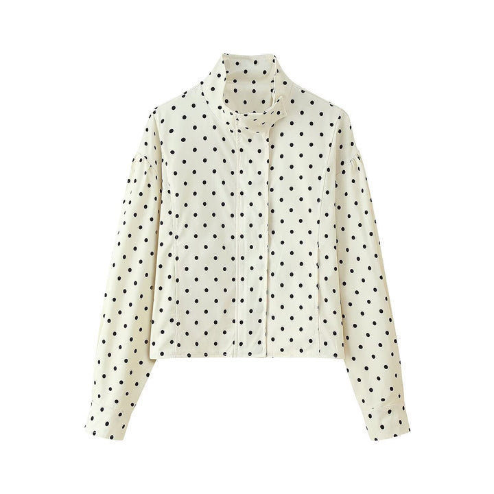 Women Polka Dot Short Jacket with Stand Collar and Concealed Snap Button Placket