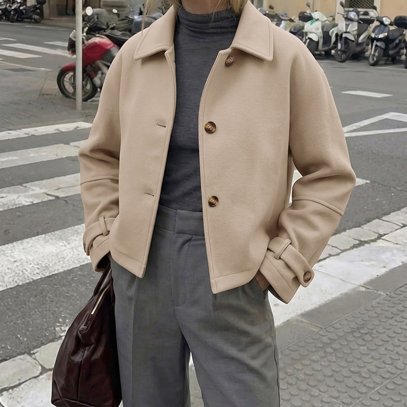 Women Short Cut Wool Blend Boxy Coat with Shirt Collar and Adjustable Cuffs