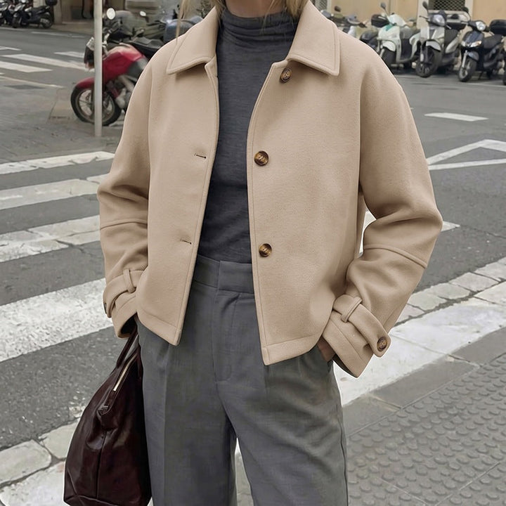 Women Short Cut Wool Blend Boxy Coat with Shirt Collar and Adjustable Cuffs