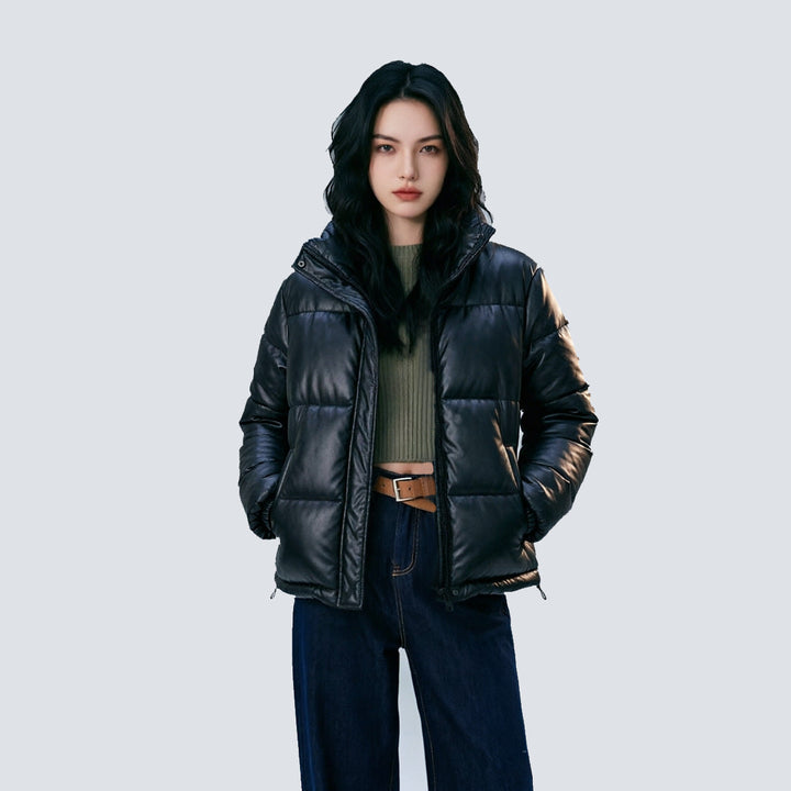 Women Short Cut Quilted Faux Leather Padded Jacket with High Standing Collar