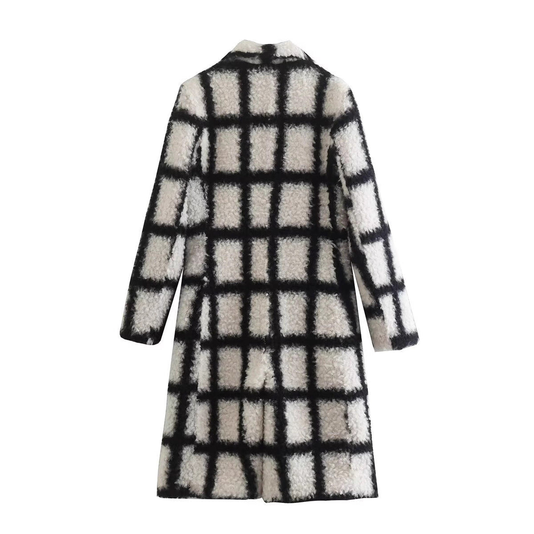 Ladies Long Checkered Teddy Coat with Revers Collar and Flap Pockets