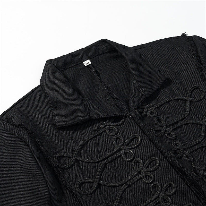 Women Cropped Military Inspired Jacket with Braid Application and Fringed Hem
