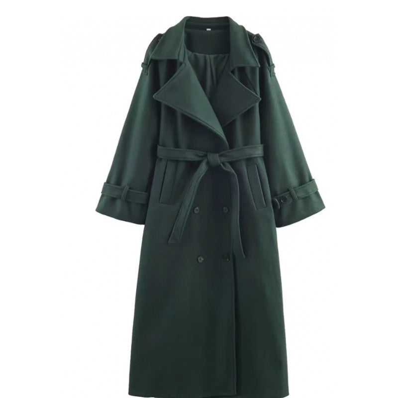 Women’s long double-breasted wool blend trench coat with belt and wide lapels