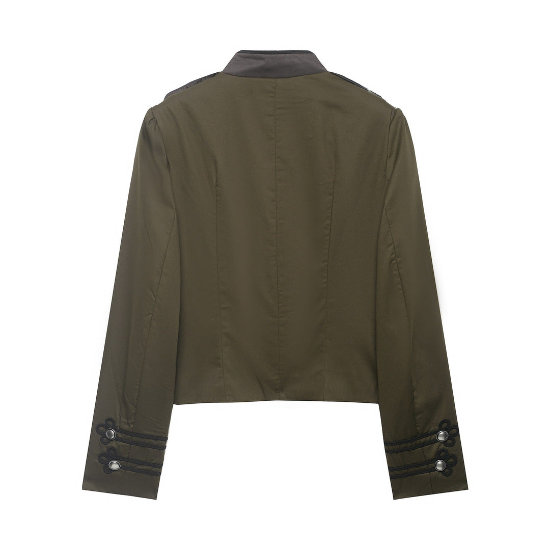Ladies short jacket in military style with stand-up collar, decorative frog and epaulettes