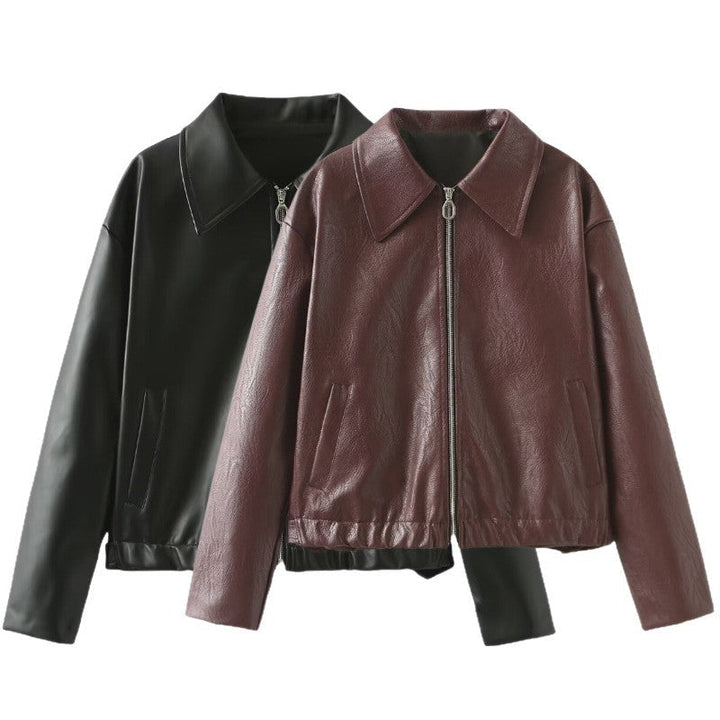 Women Short Oversized Leather Look Jacket with Zip, Hem Band and Kent Collar