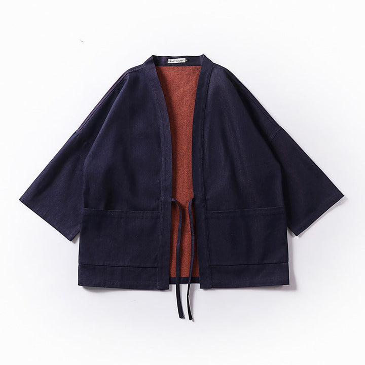 Unisex loose-fitting kimono jacket made of cotton denim with tie and large patch pockets