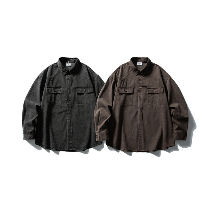 Unisex Oversize Cotton Denim Shirt Jacket with Patch Chest Pockets and Curved Hem