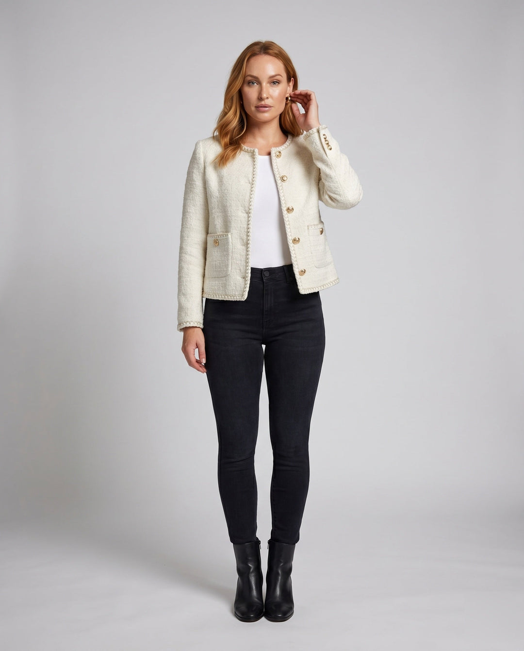 Ladies elegant boucleé jacket with Golden buttons and Decorative pockets