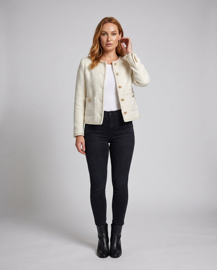 Ladies elegant boucleé jacket with Golden buttons and Decorative pockets