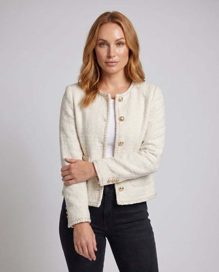 Ladies elegant boucleé jacket with Golden buttons and Decorative pockets