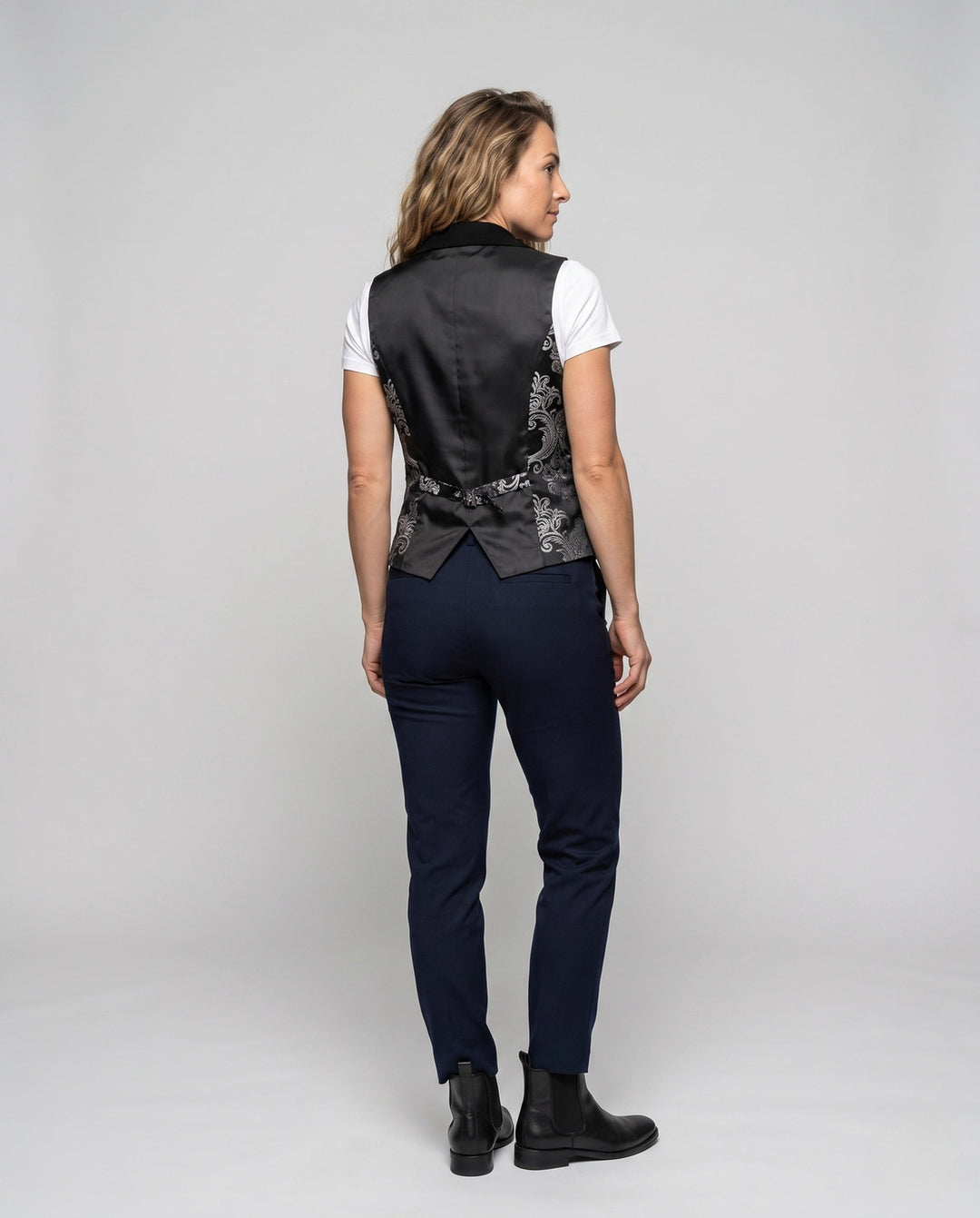 Ladies elegant satin vest with floral pattern and practical pockets