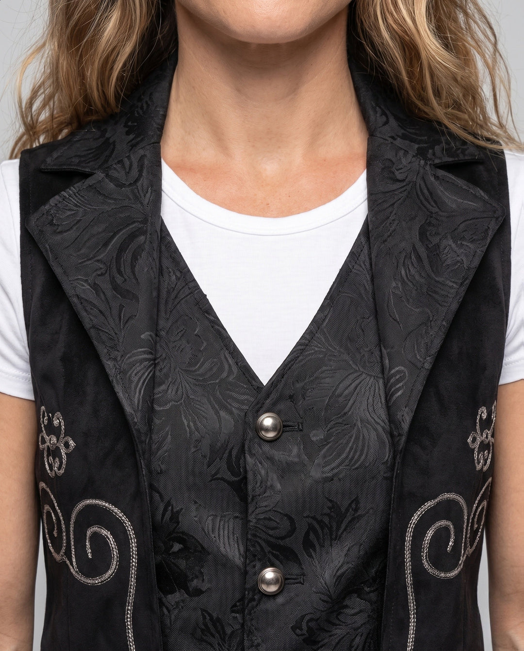 Ladies elegant satin vest with floral pattern and practical pockets