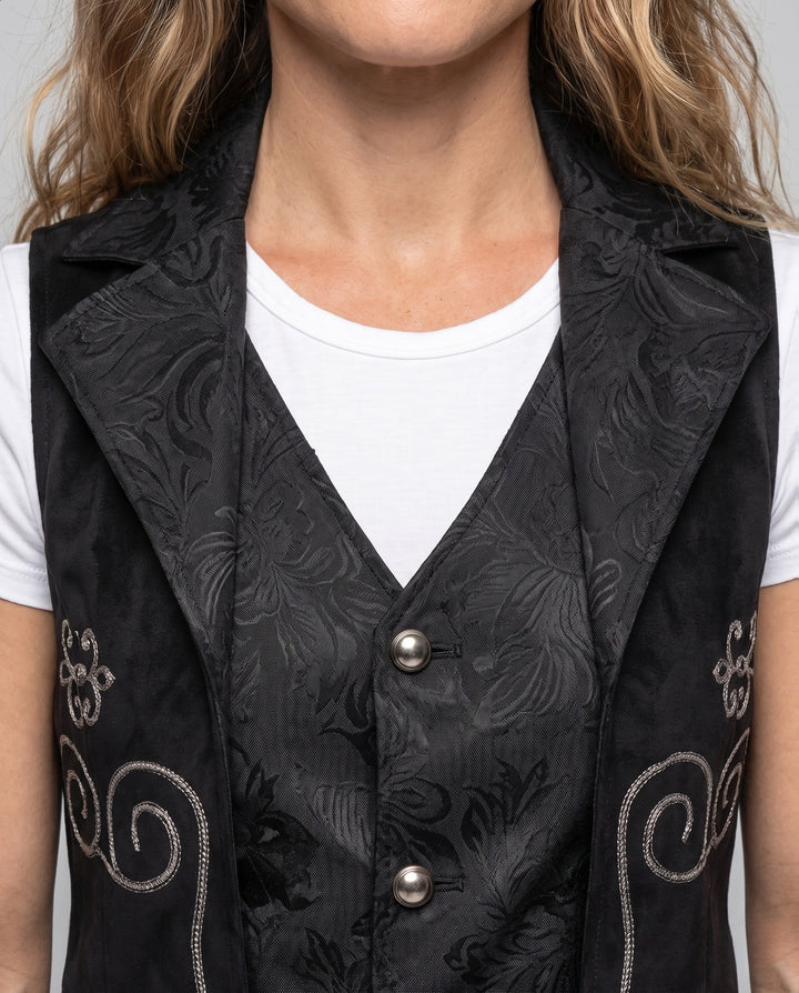 Ladies elegant satin vest with floral pattern and practical pockets
