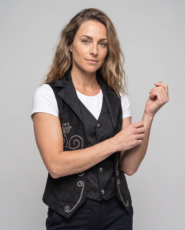 Ladies elegant satin vest with floral pattern and practical pockets