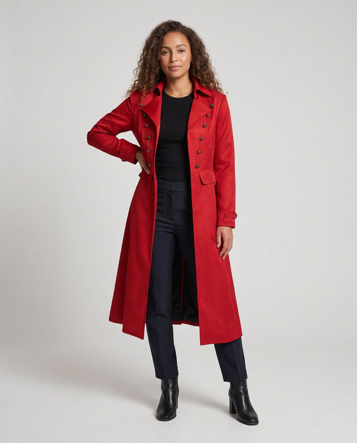 Women’s long coat with elaborate buttons and elegant silhouette