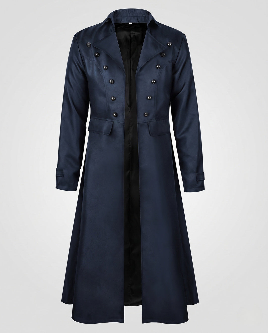 Women’s long coat with elaborate buttons and elegant silhouette