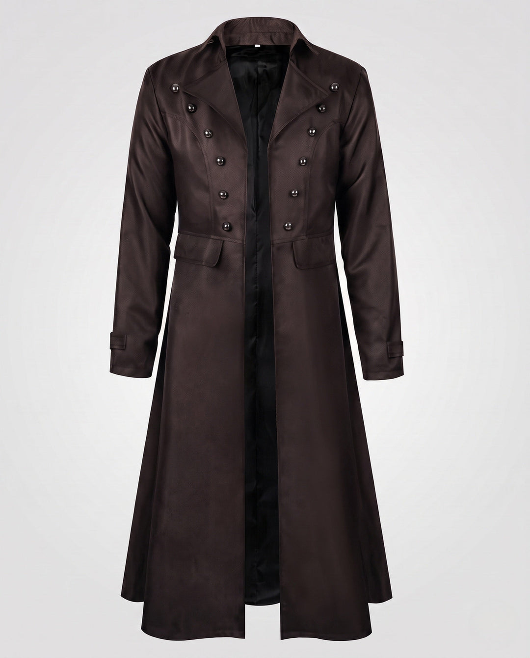 Women’s long coat with elaborate buttons and elegant silhouette