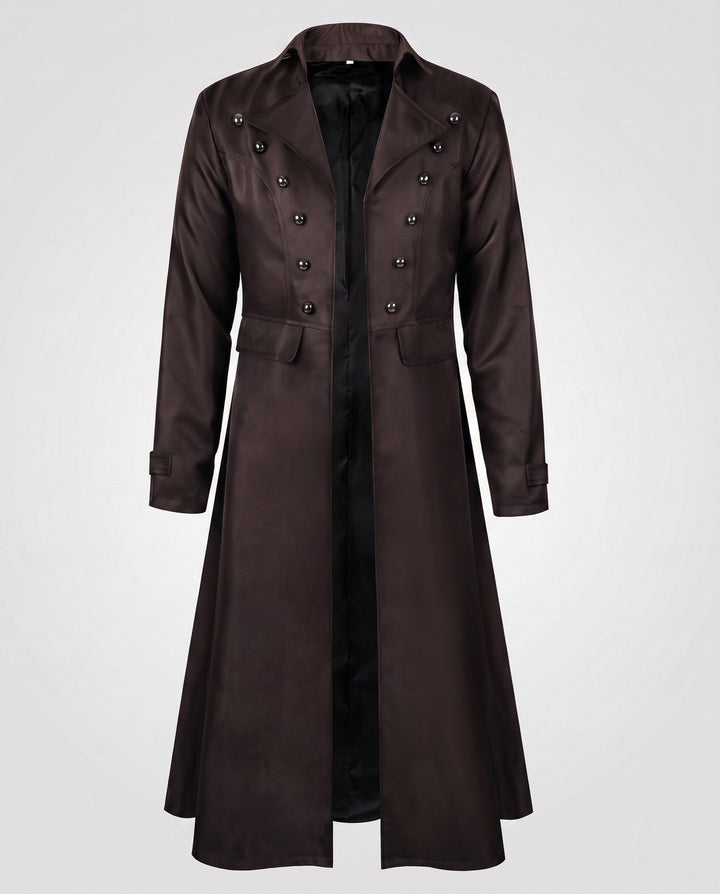 Women’s long coat with elaborate buttons and elegant silhouette