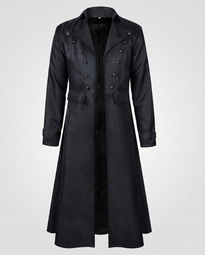 Women’s long coat with elaborate buttons and elegant silhouette