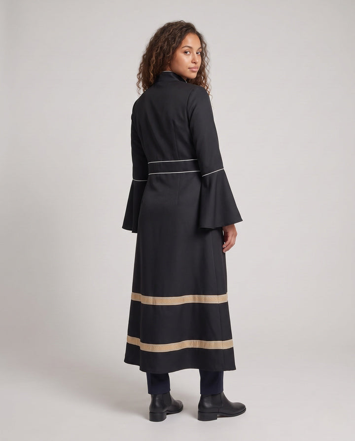 Women Elegant Long Coat with Bell Sleeves and Decorative Hem