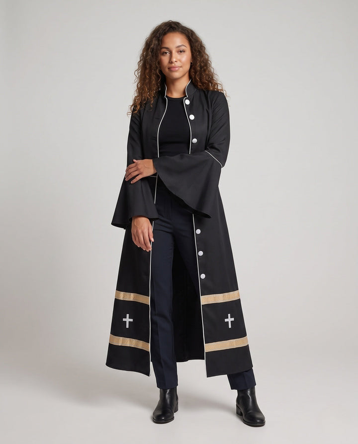 Women Elegant Long Coat with Bell Sleeves and Decorative Hem