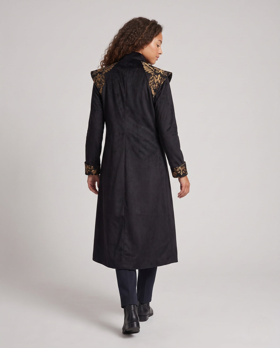 Ladies Elegant Long Coat with Artistic Decorations and Stand-Up Collar