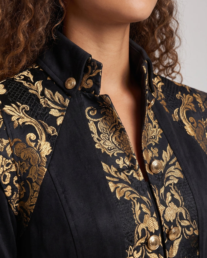Ladies Elegant Long Coat with Artistic Decorations and Stand-Up Collar