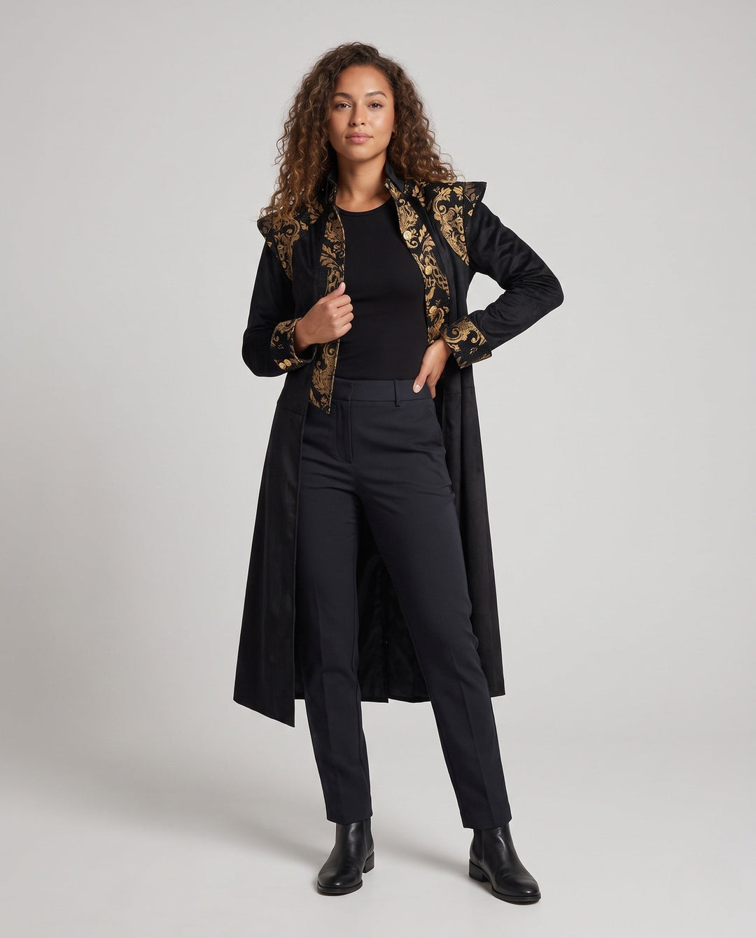 Ladies Elegant Long Coat with Artistic Decorations and Stand-Up Collar
