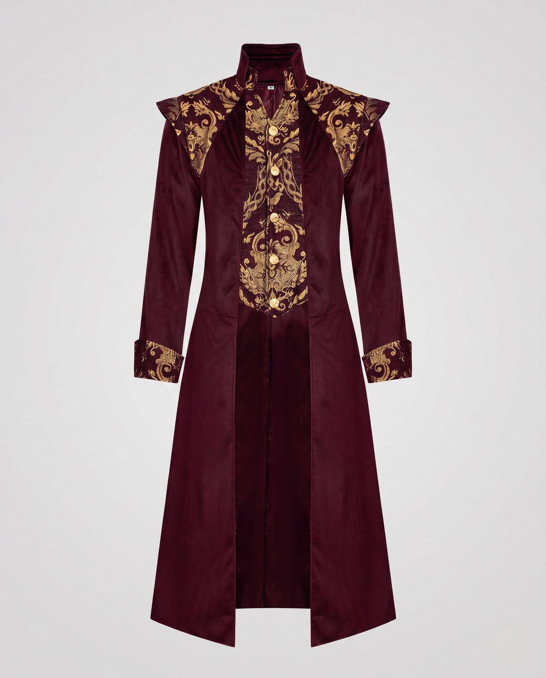 Ladies Elegant Long Coat with Artistic Decorations and Stand-Up Collar