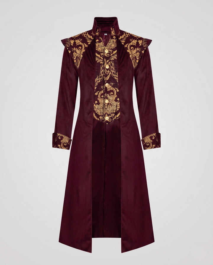 Ladies Elegant Long Coat with Artistic Decorations and Stand-Up Collar